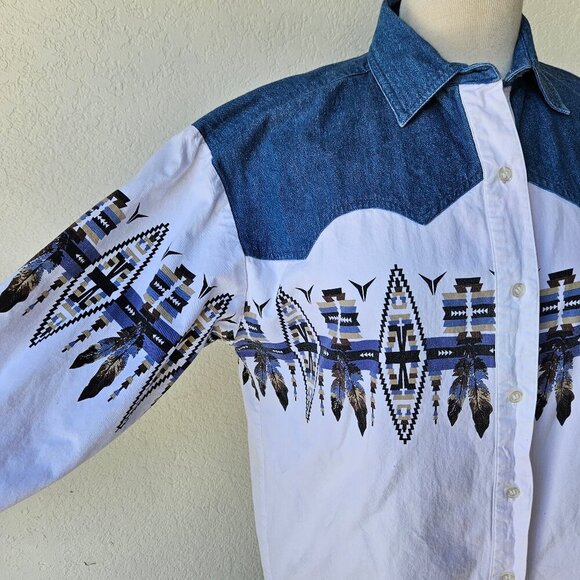 Adobe Rose VIntage 90s Western Two Tone White Blue Aztec Feather Button Shirt M - Picture 3 of 8
